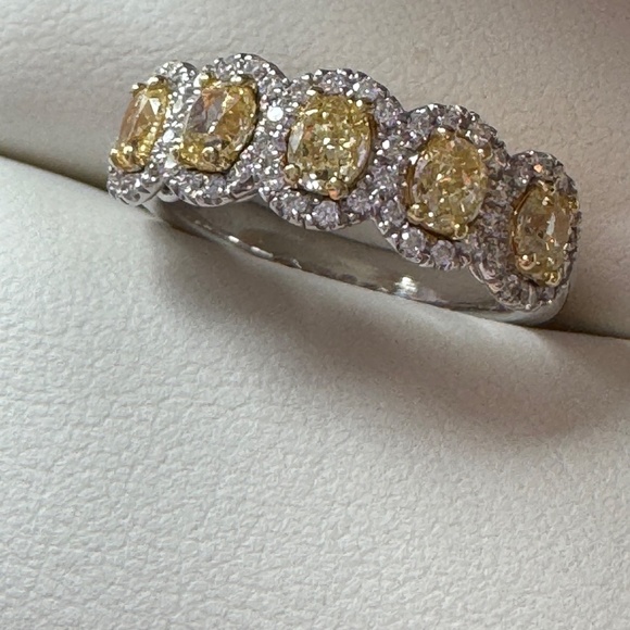Fancy Yellow 5 Natural Diamond Eternity Ring Oval Cut 18K White Gold, Size 6 - Picture 10 of 16